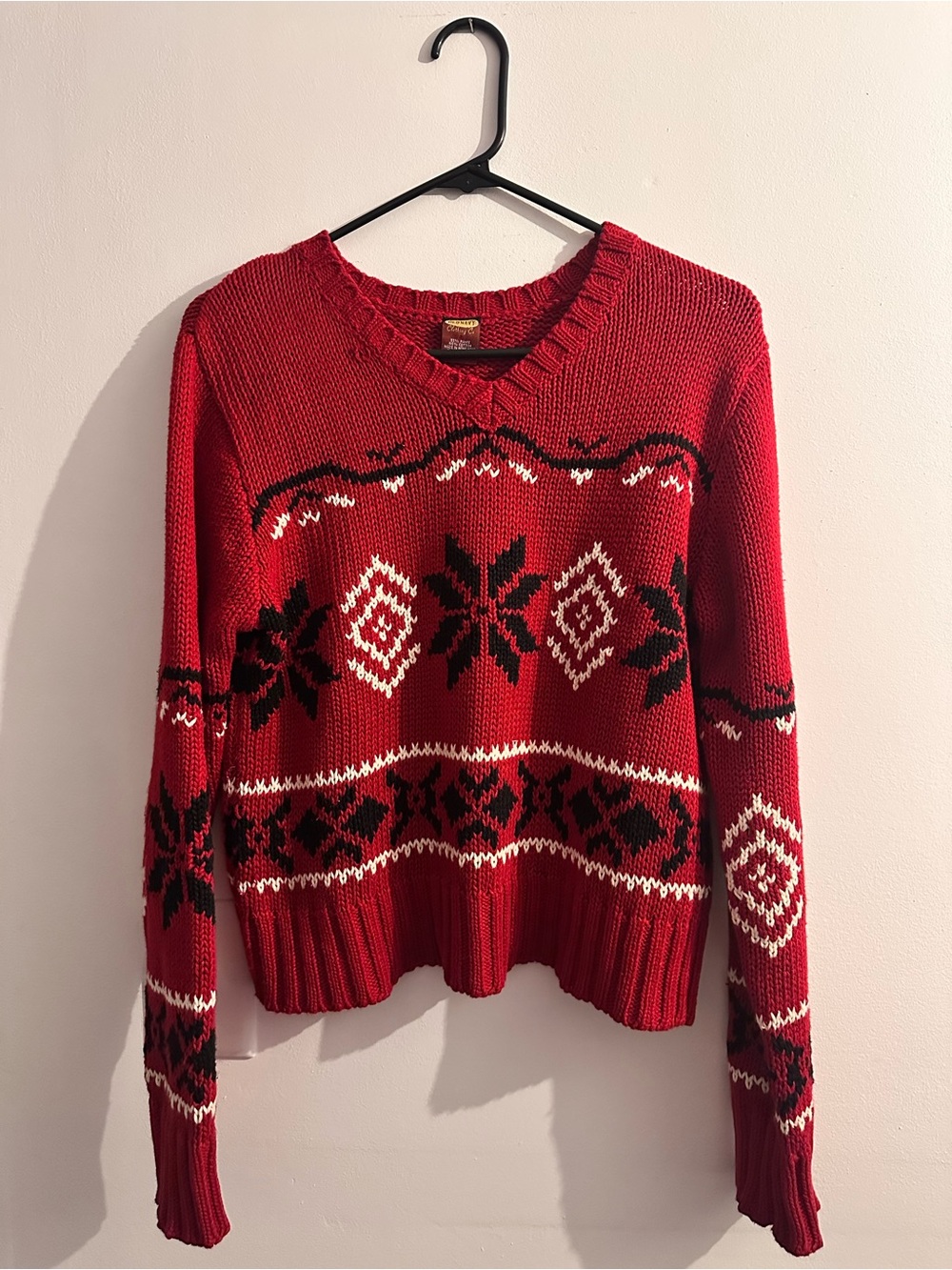 Vintage Old Navy Red Fair Isle V-Neck Sweater with Black & White Accents